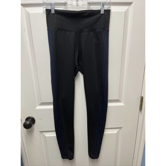 Adidas Climalite Logo Black Leggings Size Small Blue Stripe - Picture 1 of 6